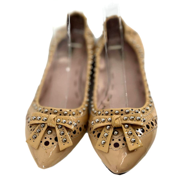 Miu Miu Shoes - Miu Miu Flat Shoes Beige Leather Pointed Toe Bow Studded Flats Size 37 E…